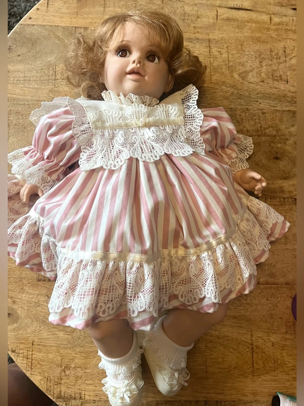 Dolls by Jerri 1990 Baby Doll in Pink & White Striped Lace Dress 20”